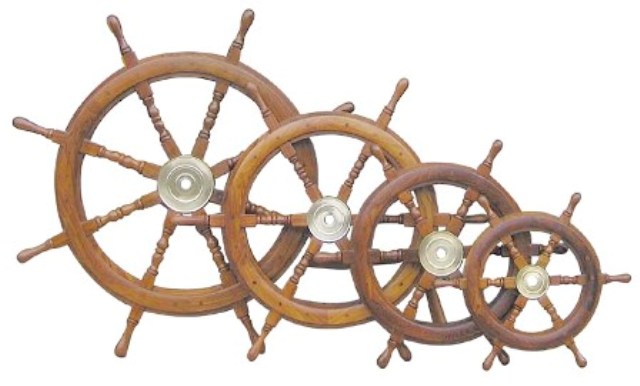 Barre à roue en bois et laiton - décoration marine