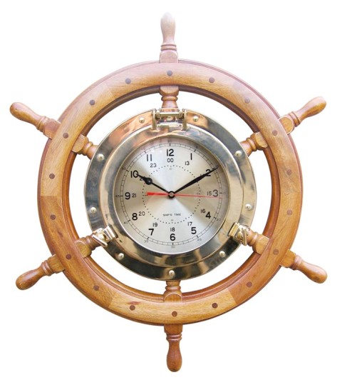 Horloge dans barre Ã  roue en bois-laiton - mouvement Ã  quartz  - dÃ©coration marine