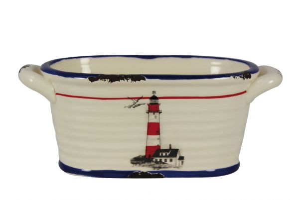 Pot ovale en grès vernis avec motif Phare - décoration marine