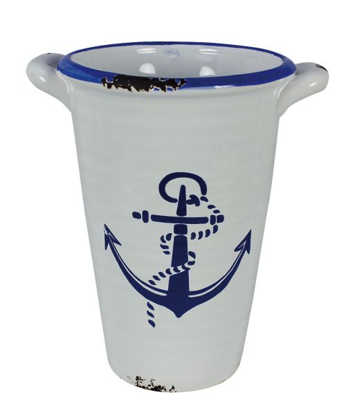 Pot haut / tasse en grès vernis - motif Phare et anses - décoration marine