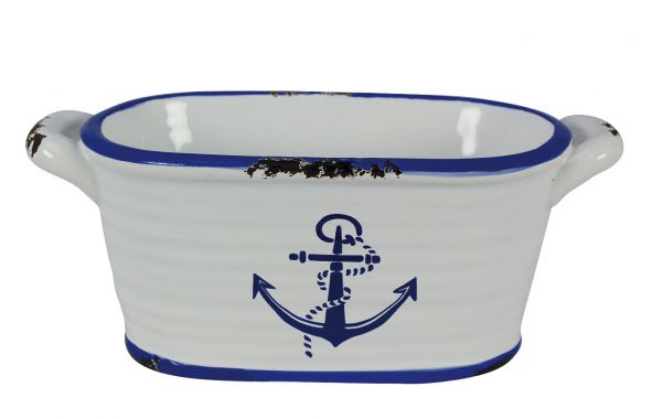 Pot ovale en grès vernis avec motif ancre marine - décoration marine