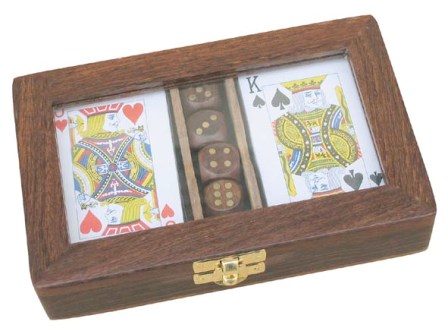 Jeux de cartes - deux jeux de cartes-dés avec verre au couvercle en bois-verre Jeux de cartes - deux jeux de cartes-dés avec verre au couvercle en bois-verre