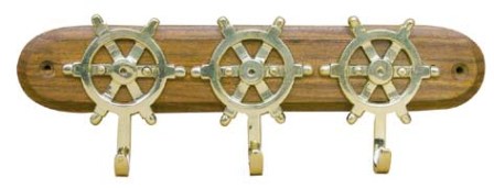 Crochet pour Porte-clés -  3 barres à roue en laiton sur bois - décoration marine