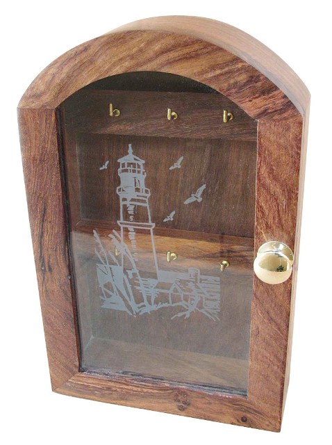 Boîte à clés en bois avec verre - motif phare - décoration marine